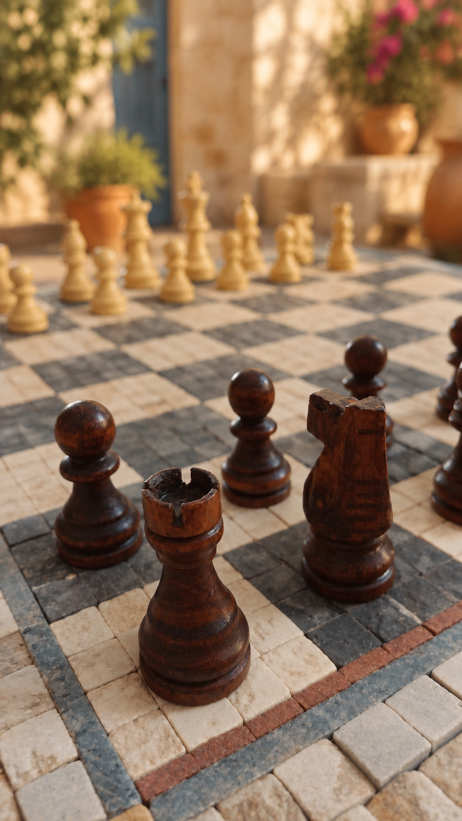 Wooden chess pieces set up for play on the mosaic board, dark pieces in the foreground facing the light set across the board